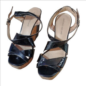 ANTONIO MELANI Black Wedge Sandals with Elegant Lattice Straps